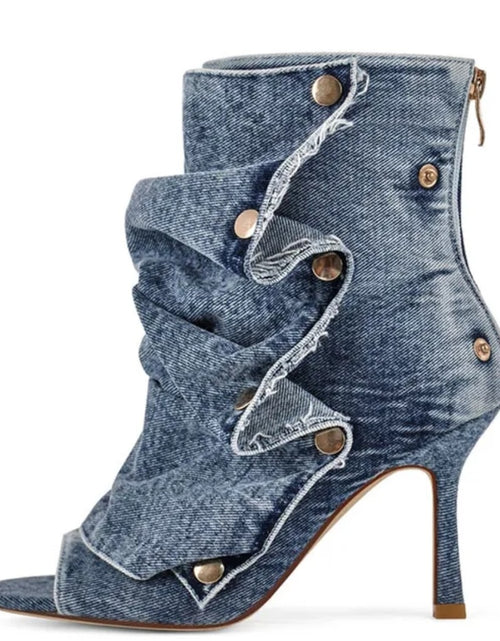 Load image into Gallery viewer, (Free Shipping) Summer Squared Open Toe High Heeled Short Boots Denim Colorful Plaid Ankle Pleated Upper Sandal Shoes

