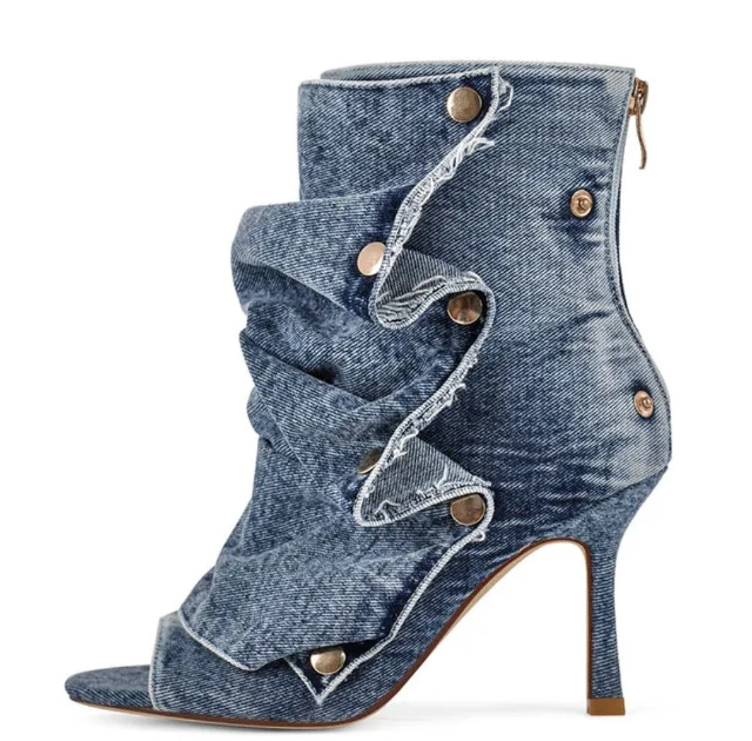 (Free Shipping) Summer Squared Open Toe High Heeled Short Boots Denim Colorful Plaid Ankle Pleated Upper Sandal Shoes