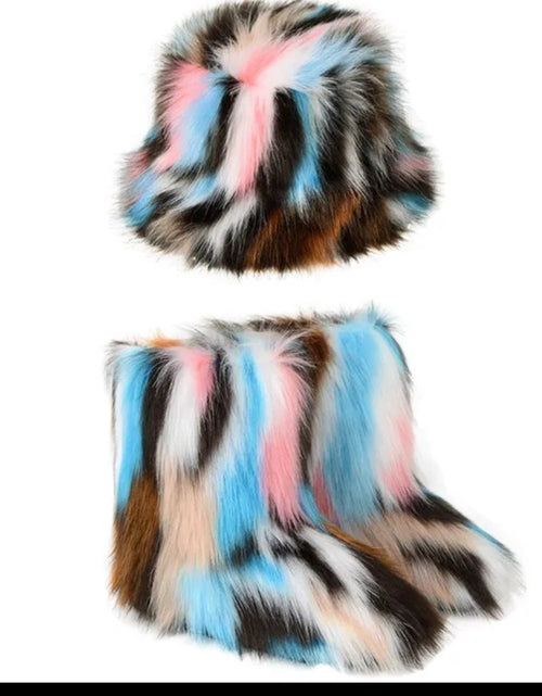 Load image into Gallery viewer, (Free Shipping)(Tariffs included in price) Winter Warm Women Fur Boot Woman Fluffy Faux Fur Fisherman Hat Set Ladies Plush Snow Boot
