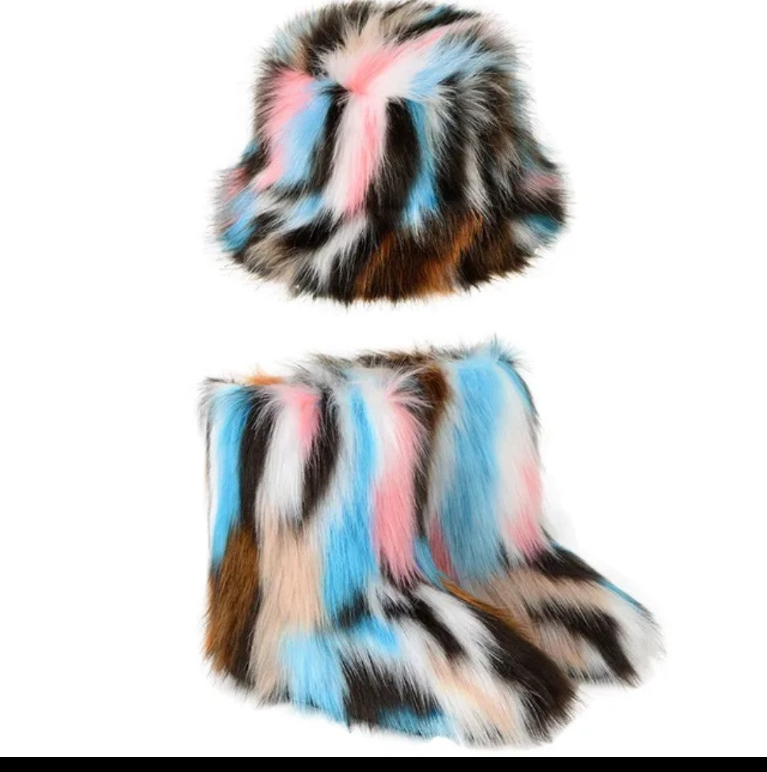 (Free Shipping)(Tariffs included in price) Winter Warm Women Fur Boot Woman Fluffy Faux Fur Fisherman Hat Set Ladies Plush Snow Boot