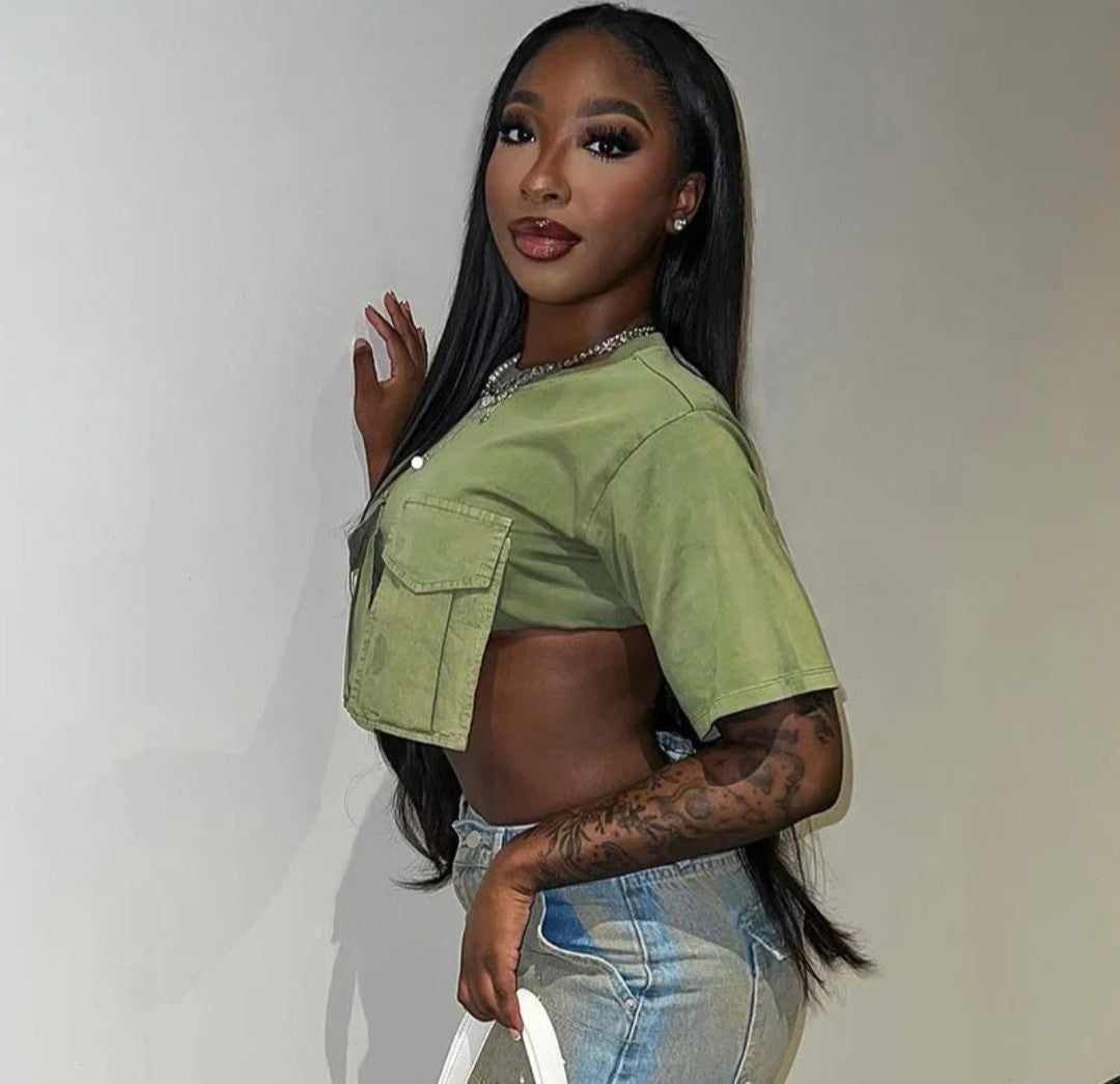 (Free Shipping)(Tariffs included in price) Solid Color O Neck Sexy Women Crop Tank Top oversized pockets