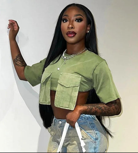 (Free Shipping)(Tariffs included in price) Solid Color O Neck Sexy Women Crop Tank Top oversized pockets