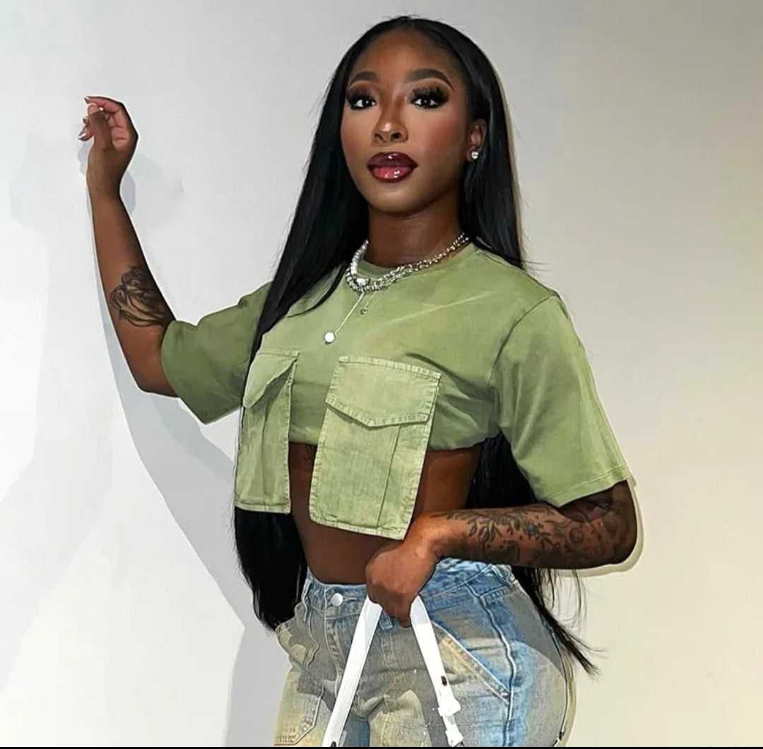 (Free Shipping)(Tariffs included in price) Solid Color O Neck Sexy Women Crop Tank Top oversized pockets