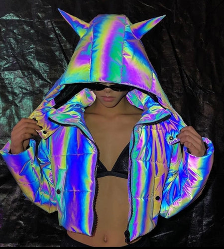 (Free Shipping)(Tariffs included in price) Winter Wear Crop Top Holographic Reflective Women Padding Jacket With Hood