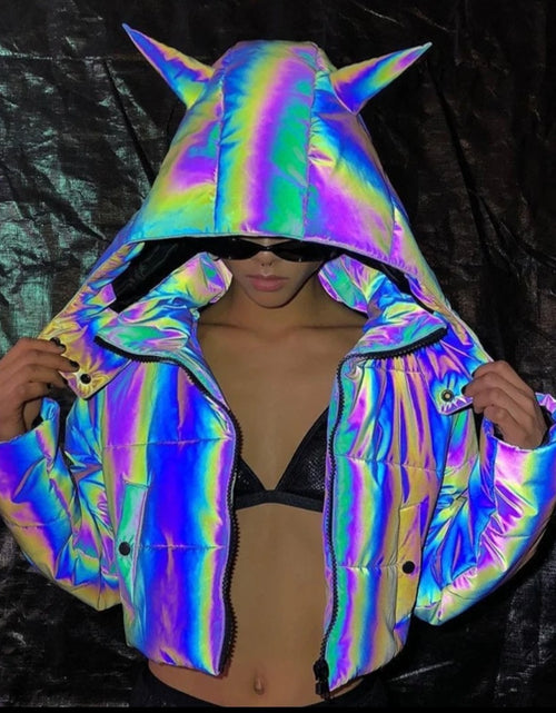 Load image into Gallery viewer, (Free Shipping)(Tariffs included in price) Winter Wear Crop Top Holographic Reflective Women Padding Jacket With Hood
