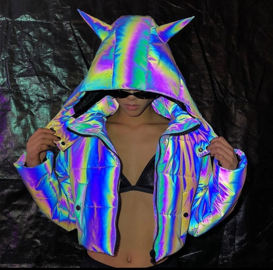 (Free Shipping)(Tariffs included in price) Winter Wear Crop Top Holographic Reflective Women Padding Jacket With Hood