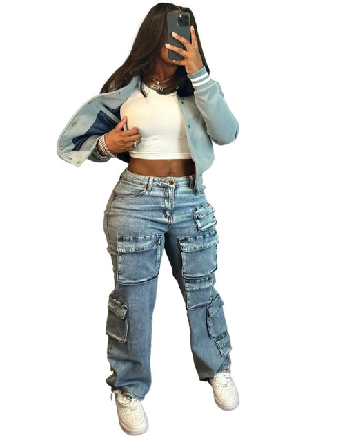Load image into Gallery viewer, (Free Shipping)(Tariffs included in price) Latest design cargo women's denim pants multi 3D pockets ladies jeans trousers wide leg Streetwear
