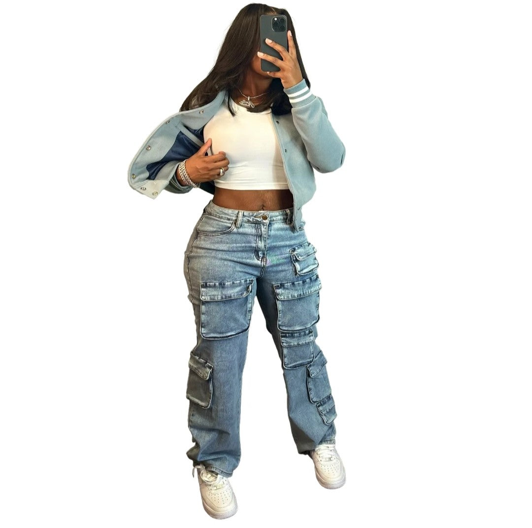 (Free Shipping)(Tariffs included in price) Latest design cargo women's denim pants multi 3D pockets ladies jeans trousers wide leg Streetwear