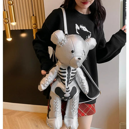 (Free Shipping)(Tariffs included in price) Funny Skeleton Bear Backpack PU Leather Artistic Personality Thriller Single Shoulder Crossbody Backpack Halloween Backpacks