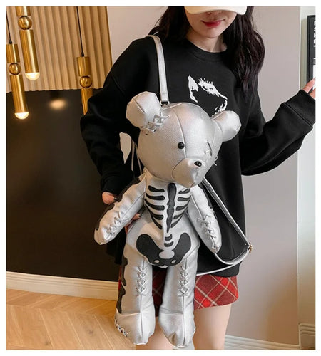 (Free Shipping)(Tariffs included in price) Funny Skeleton Bear Backpack PU Leather Artistic Personality Thriller Single Shoulder Crossbody Backpack Halloween Backpacks