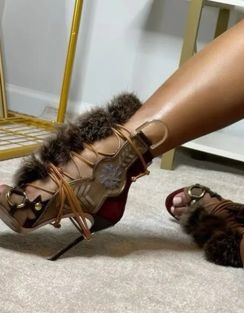 Load image into Gallery viewer, (Free Shipping) Fluffy Fur Decorated Cross Laced Wide Fit Metal Elements High Heels
