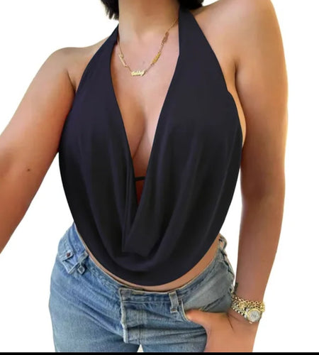 (Free Shipping)(Tariffs included in price) Women's Summer Halterneck Casual Front Draped Bandage Backless  Crop Tops