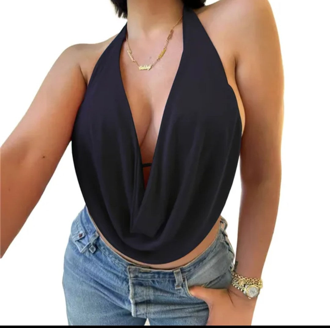 (Free Shipping)(Tariffs included in price) Women's Summer Halterneck Casual Front Draped Bandage Backless  Crop Tops