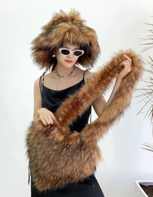 Load image into Gallery viewer, (Free Shipping)(Tariffs included in price)Designer Women's Luxury Furry Racoon Handbag Faux Fur Hat and Bag
