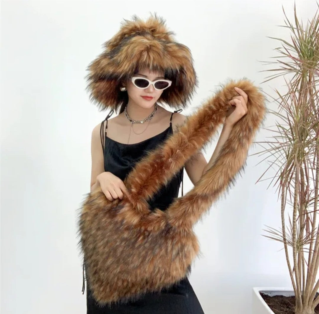 (Free Shipping)(Tariffs included in price)Designer Women's Luxury Furry Racoon Handbag Faux Fur Hat and Bag