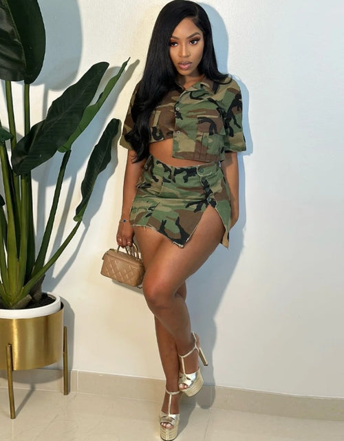 Load image into Gallery viewer, (Free Shipping)(Tariffs included in price) Women's 2 piece shirt set camouflage crop top Irregular sexy skirt suit two piece set women outfit
