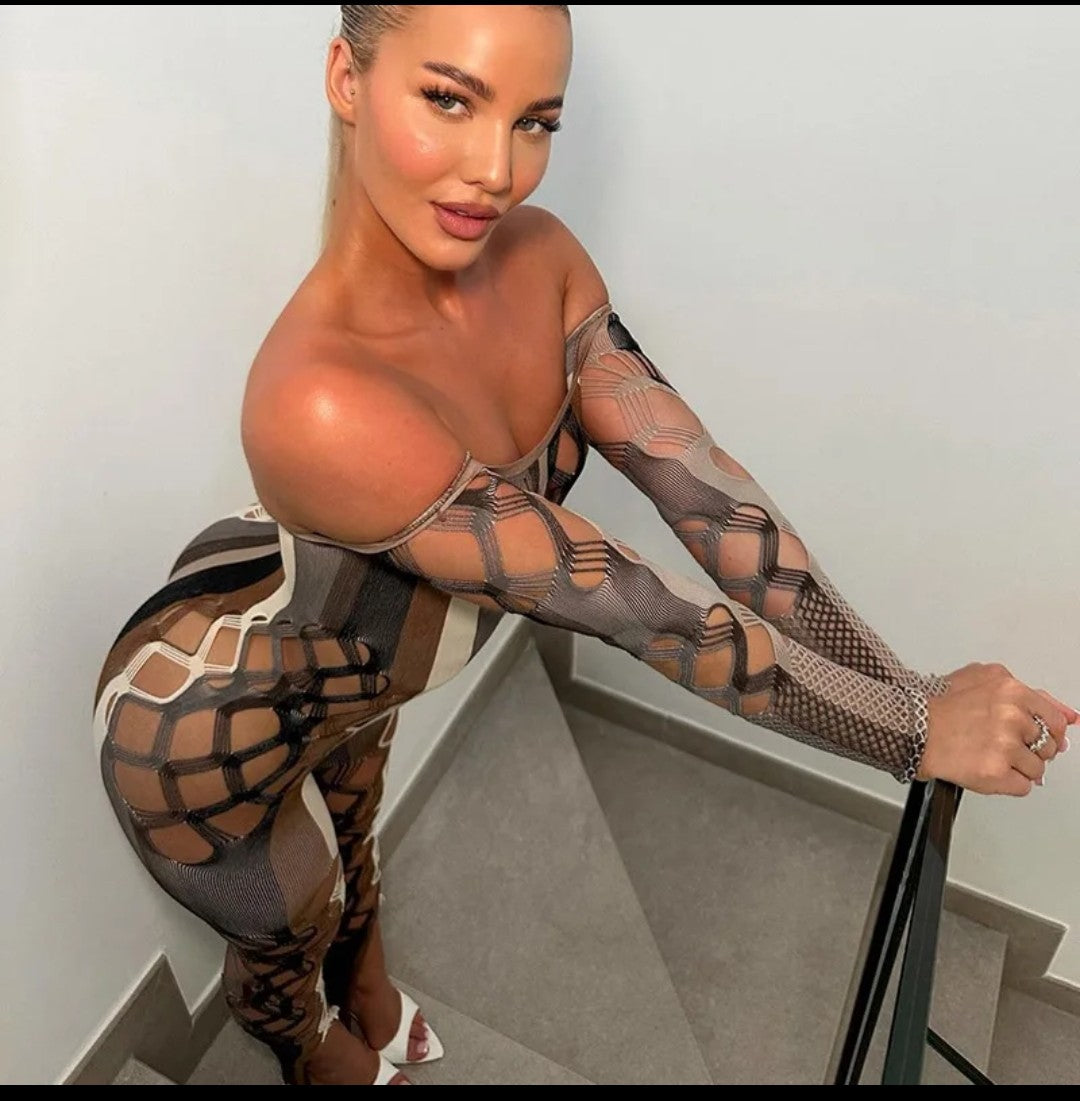 (Free Shipping)(Tariffs included in price) Sexy Hollowed Out Long Sleeve Jumpsuit Women's Romper Slim Off Shoulder Playsuit