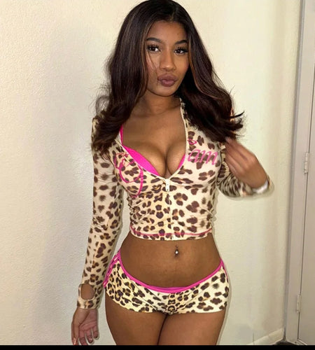 (Free Shipping)(Tariffs included in price) Sporty Leopard Print Women Tracksuit 2piece Set Hooded Jacket+Biker Shorts