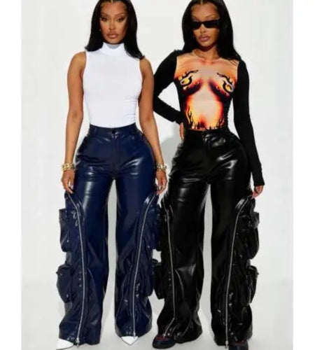(Free Shipping)(Tariffs included in price)Solid Loose Zipper Detachable Pockets Pant for Women High Waist Pu Leather Trousers