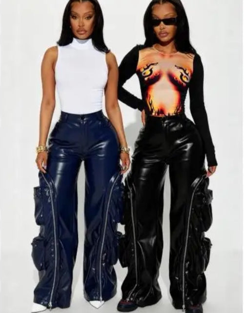 Load image into Gallery viewer, (Free Shipping)(Tariffs included in price)Solid Loose Zipper Detachable Pockets Pant for Women High Waist Pu Leather Trousers
