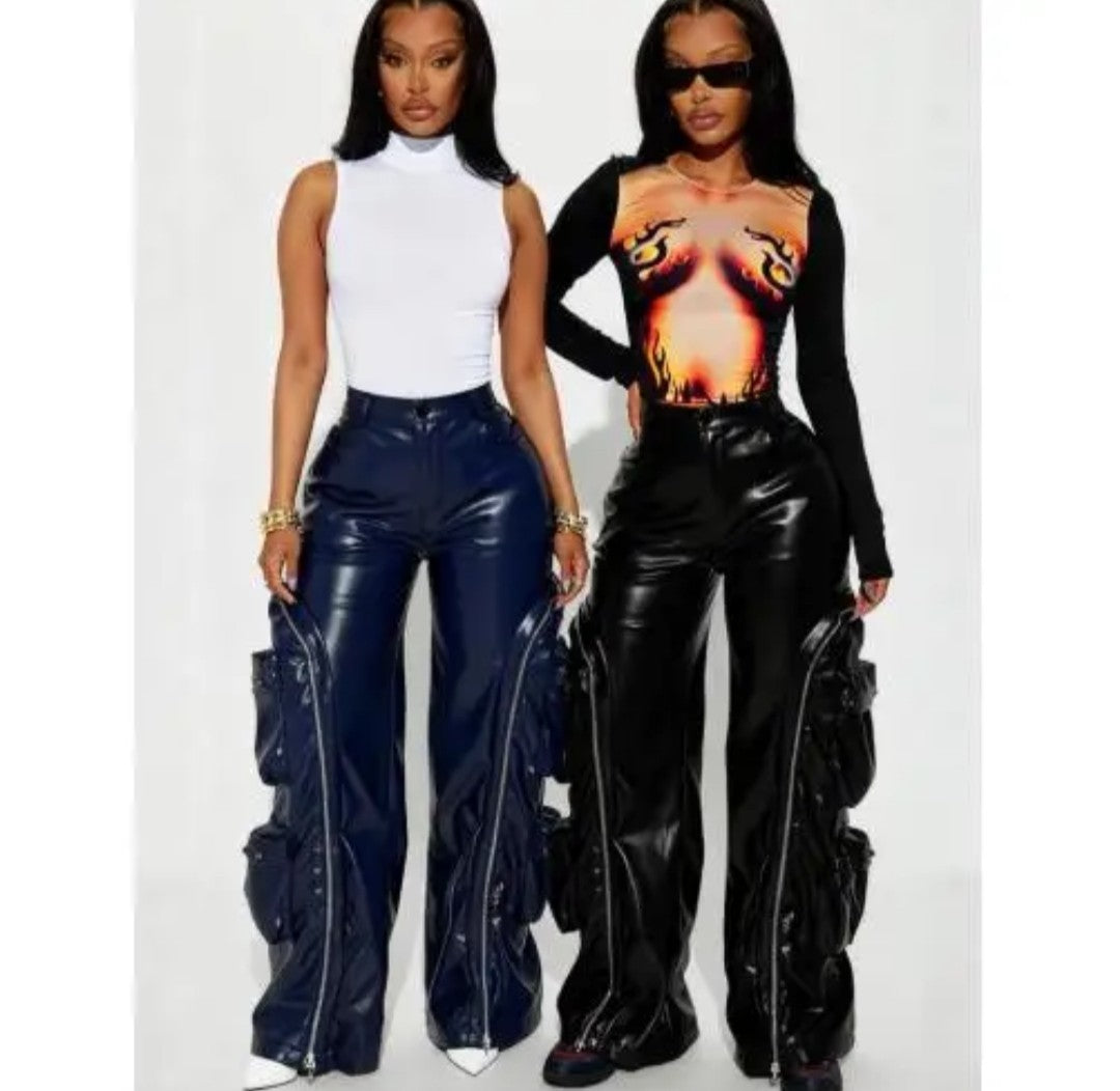 (Free Shipping)(Tariffs included in price)Solid Loose Zipper Detachable Pockets Pant for Women High Waist Pu Leather Trousers