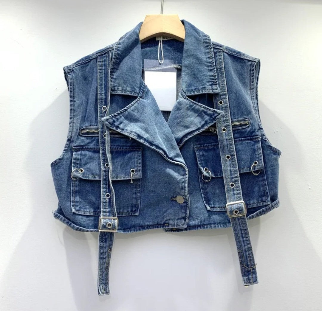 (Free Shipping) Women's denim clothes set vest and mini pocket skirt two-piece set for women denim cargo set