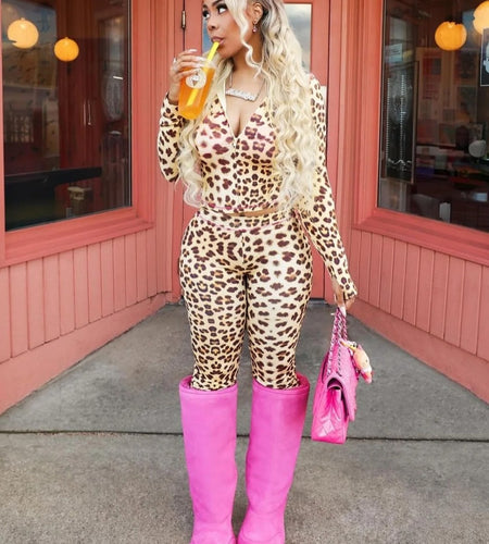 (Free Shipping)(Tariffs included in price) Leopard Print Hooded Two Piece Women Zip Up Long Sleeve And Skinny Pants Outfit