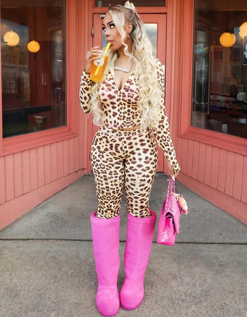 Load image into Gallery viewer, (Free Shipping)(Tariffs included in price) Leopard Print Hooded Two Piece Women Zip Up Long Sleeve And Skinny Pants Outfit
