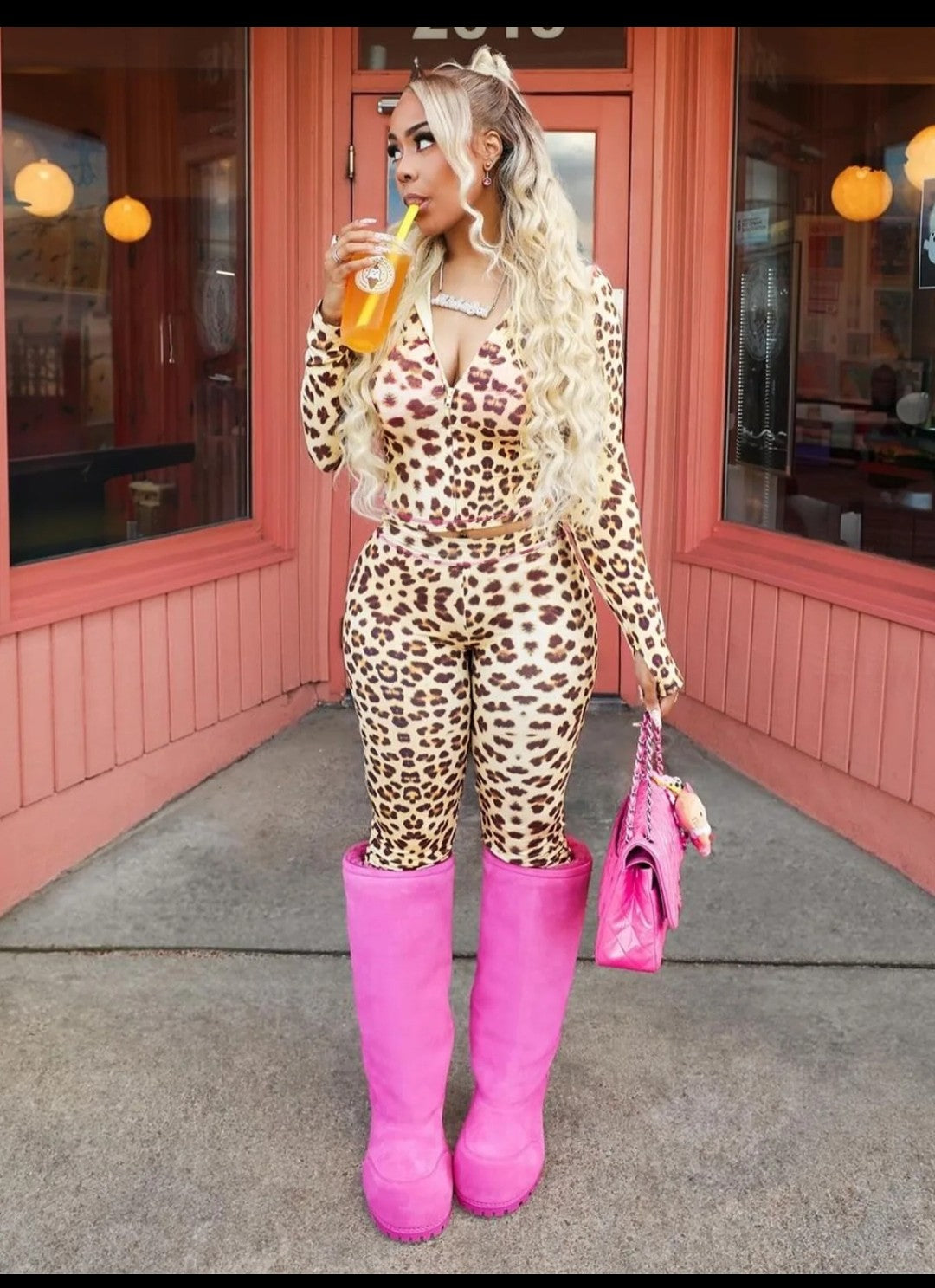 (Free Shipping)(Tariffs included in price) Leopard Print Hooded Two Piece Women Zip Up Long Sleeve And Skinny Pants Outfit