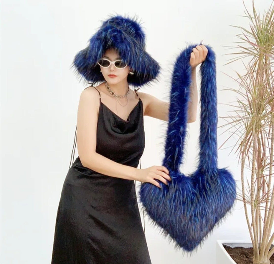 (Free Shipping)(Tariffs included in price)Designer Women's Luxury Furry Racoon Handbag Faux Fur Hat and Bag