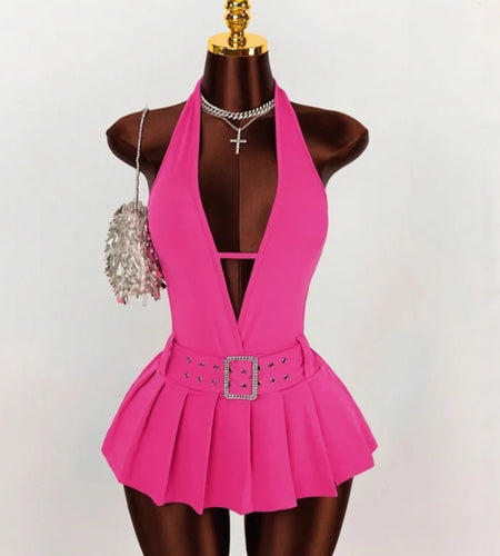 Fashion Deep V Backless A-line Mini Dresses Women Sleeveless Backless Lace up Slim Pleated Dress