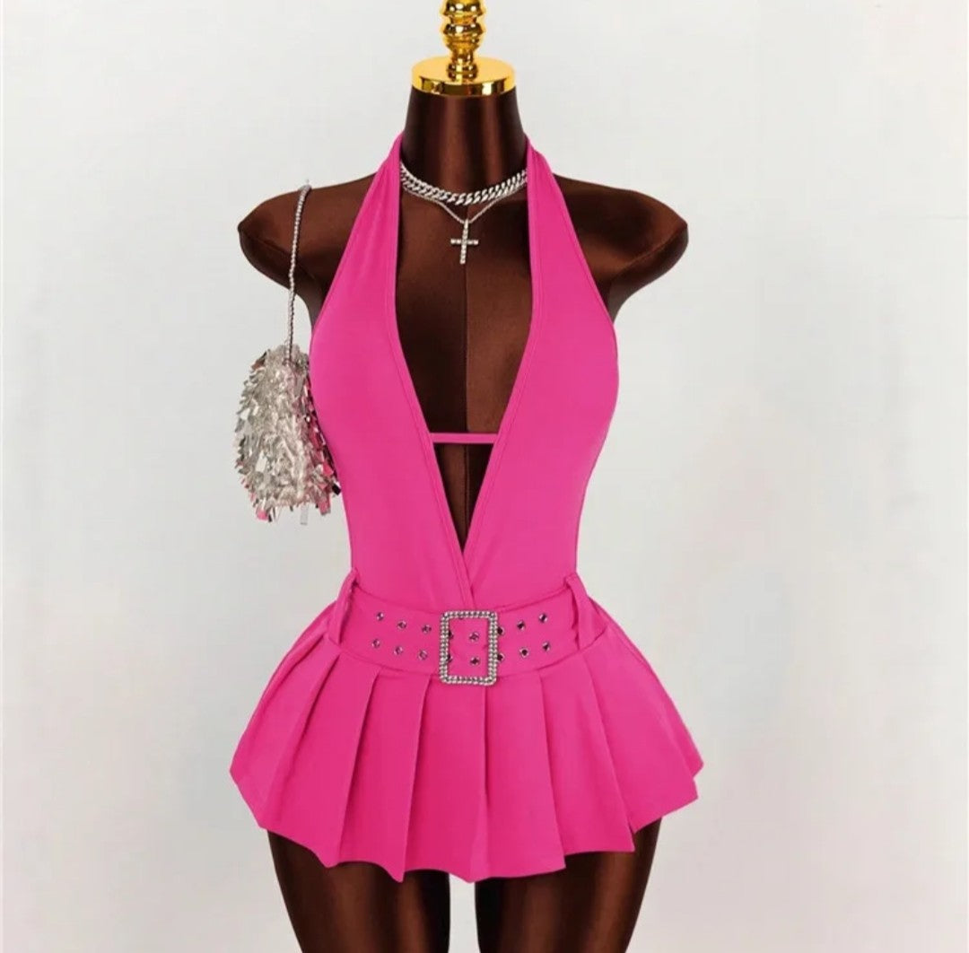 Fashion Deep V Backless A-line Mini Dresses Women Sleeveless Backless Lace up Slim Pleated Dress