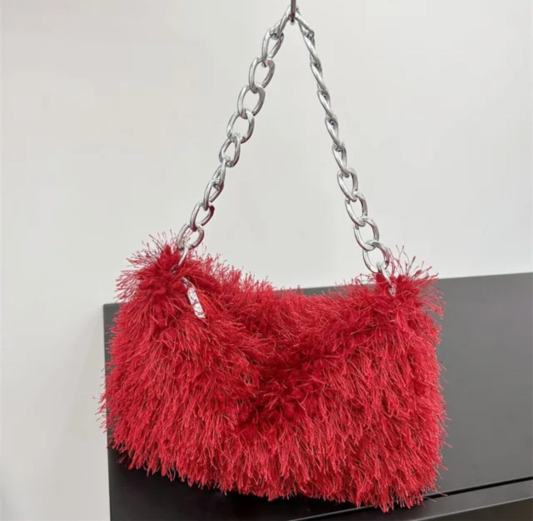 (Free Shipping) Plush Women's Hobos Underarm Bag Hot Girls Furry Clutch Shoulder Bag Luxury Faux Fur Female Fluffy Armpit Handbag