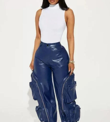 (Free Shipping)(Tariffs included in price)Solid Loose Zipper Detachable Pockets Pant for Women High Waist Pu Leather Trousers