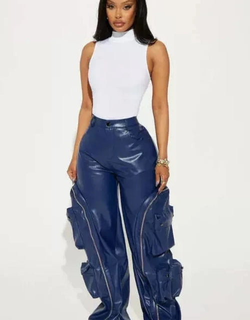 Load image into Gallery viewer, (Free Shipping)(Tariffs included in price)Solid Loose Zipper Detachable Pockets Pant for Women High Waist Pu Leather Trousers

