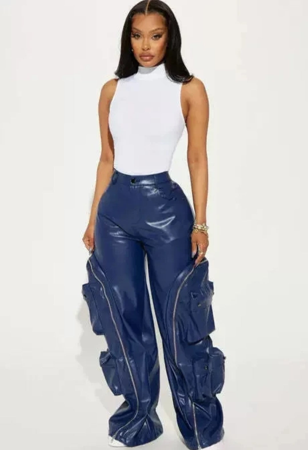 (Free Shipping)(Tariffs included in price)Solid Loose Zipper Detachable Pockets Pant for Women High Waist Pu Leather Trousers