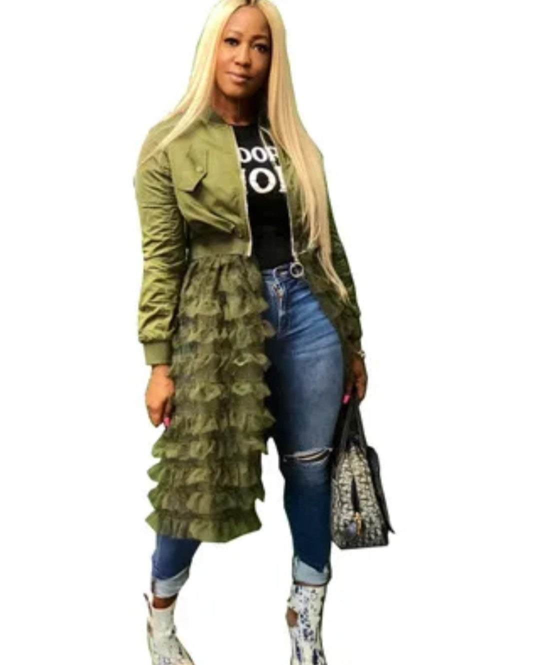 (Free Shipping)(Tariffs included in price) Spring fashion dress patch mesh ruffle woman zip long jacket coat