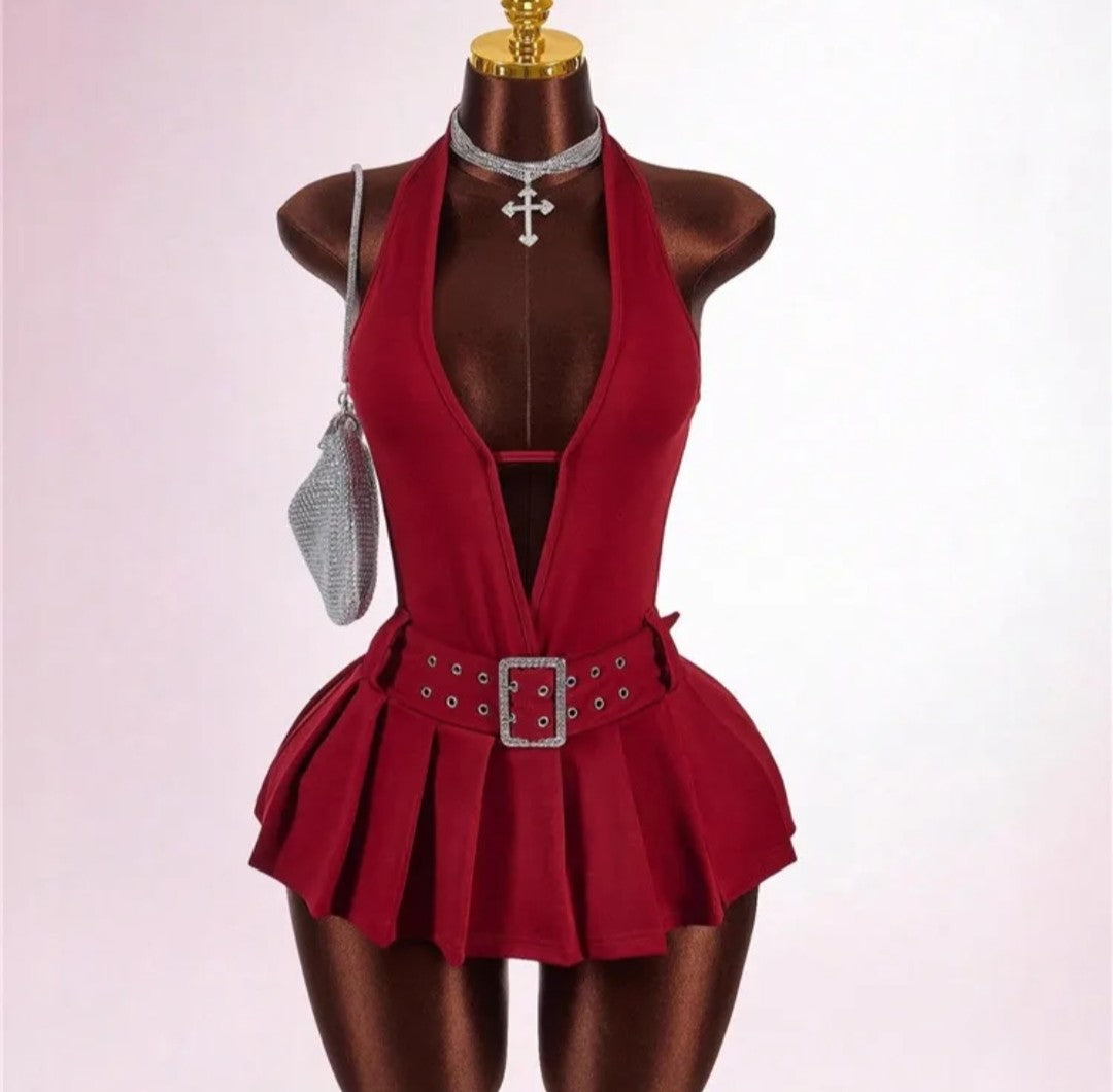 Fashion Deep V Backless A-line Mini Dresses Women Sleeveless Backless Lace up Slim Pleated Dress
