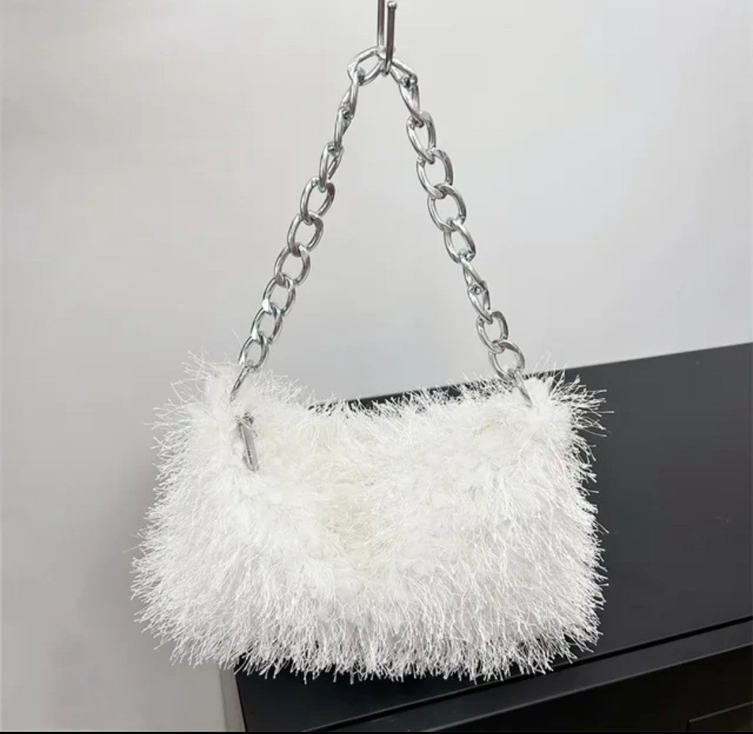 (Free Shipping) Plush Women's Hobos Underarm Bag Hot Girls Furry Clutch Shoulder Bag Luxury Faux Fur Female Fluffy Armpit Handbag