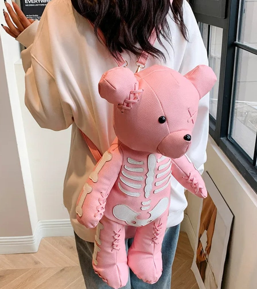 (Free Shipping)(Tariffs included in price) Funny Skeleton Bear Backpack PU Leather Artistic Personality Thriller Single Shoulder Crossbody Backpack Halloween Backpacks