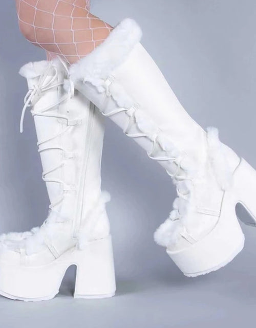 Load image into Gallery viewer, (Free Shipping) Women's Western Thick Chunky Heels Long Lace Up Furry Round Toe Platform Knee High Boots
