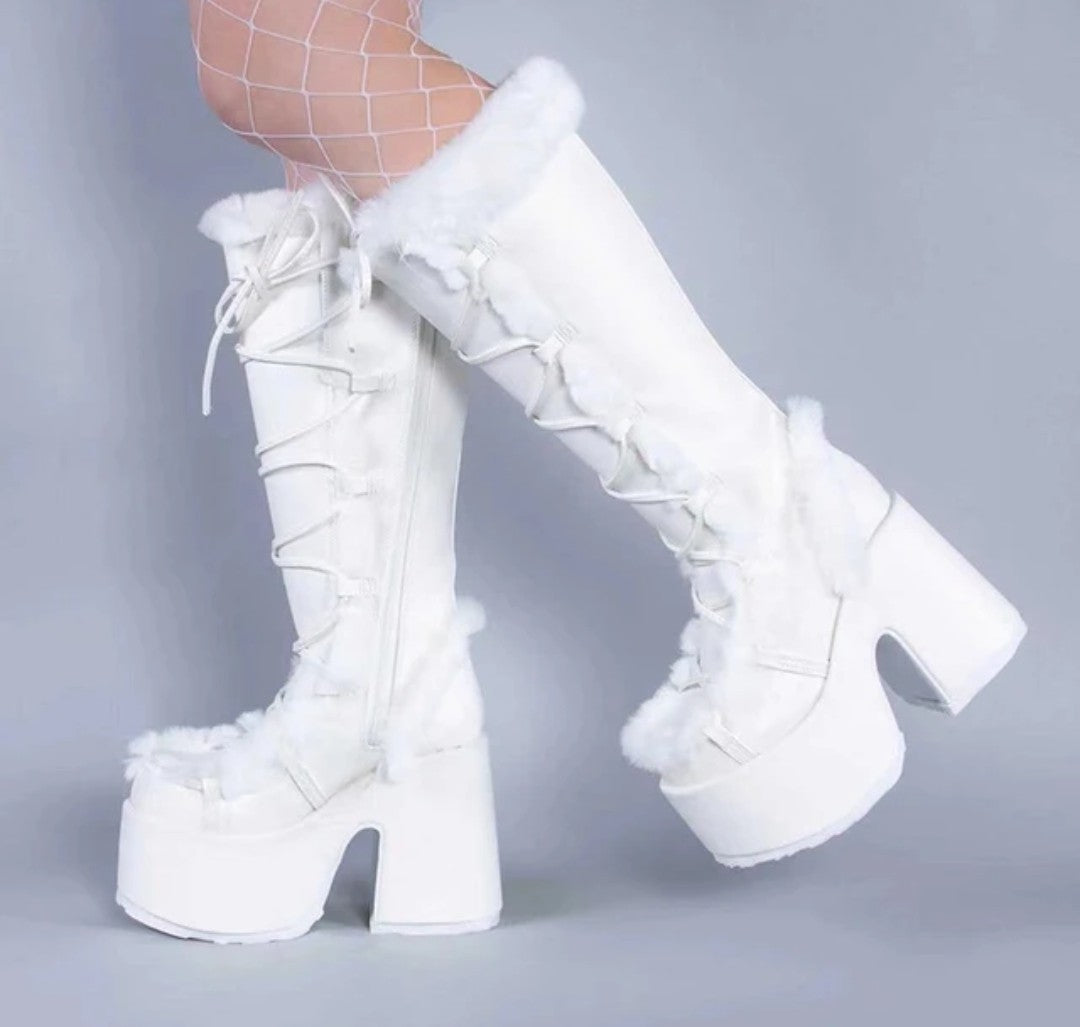 (Free Shipping) Women's Western Thick Chunky Heels Long Lace Up Furry Round Toe Platform Knee High Boots