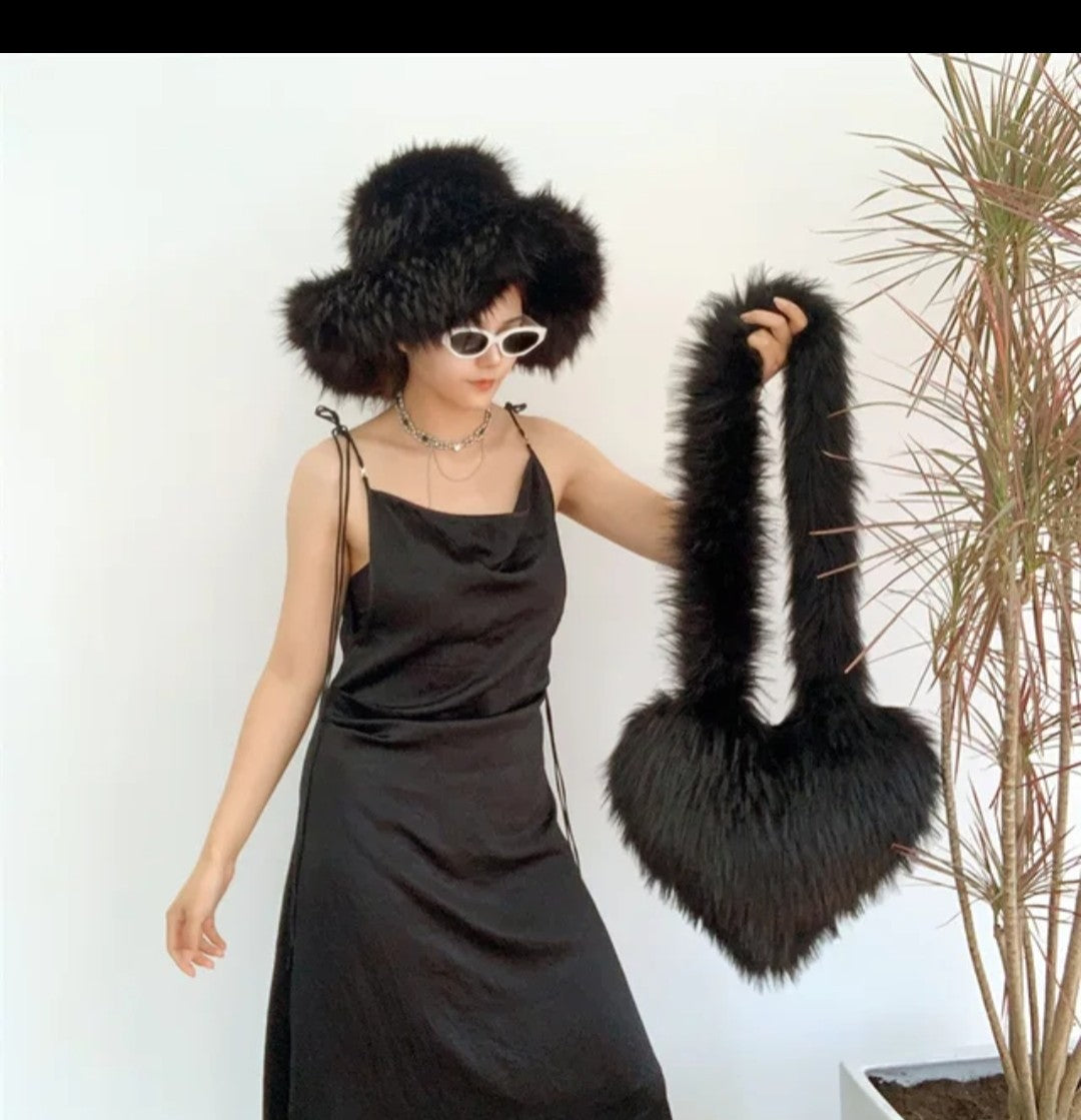 (Free Shipping)(Tariffs included in price)Designer Women's Luxury Furry Racoon Handbag Faux Fur Hat and Bag