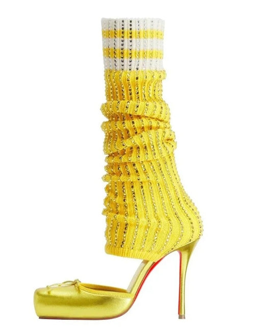 Load image into Gallery viewer, (Free Shipping) Diamond Knitted Upper High Heeled Shoe Front Bow Square Toe Knee High Stretch Cut Out Sock Sandals
