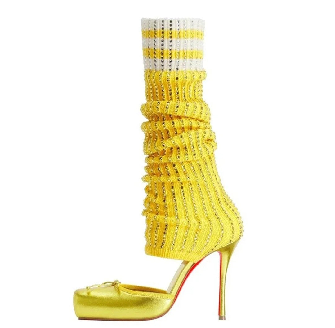 (Free Shipping) Diamond Knitted Upper High Heeled Shoe Front Bow Square Toe Knee High Stretch Cut Out Sock Sandals