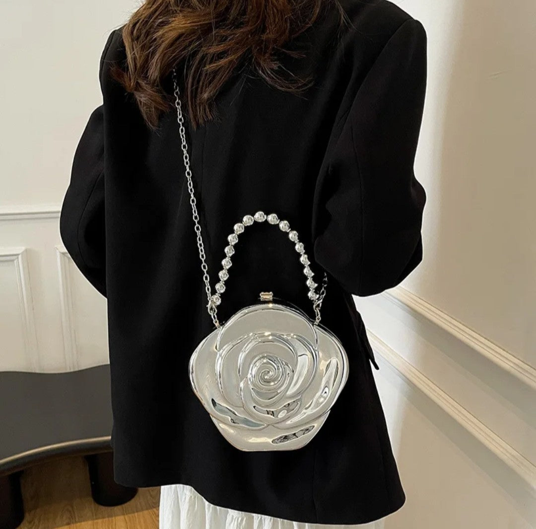 (Free Shipping)(Tariffs included in price) Luxury Acrylic Evening Bag for Women Fashionable Rose Flower Shaped Elegant Handbags Beads Chain Shoulder Cross Body