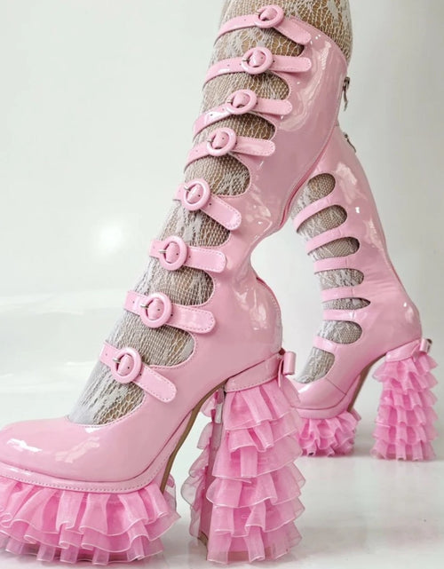 Load image into Gallery viewer, Cut Out Knee High Boots Women Buckle Thick Laced Platform Chunky Heels Back Zipper Long Patent Boots

