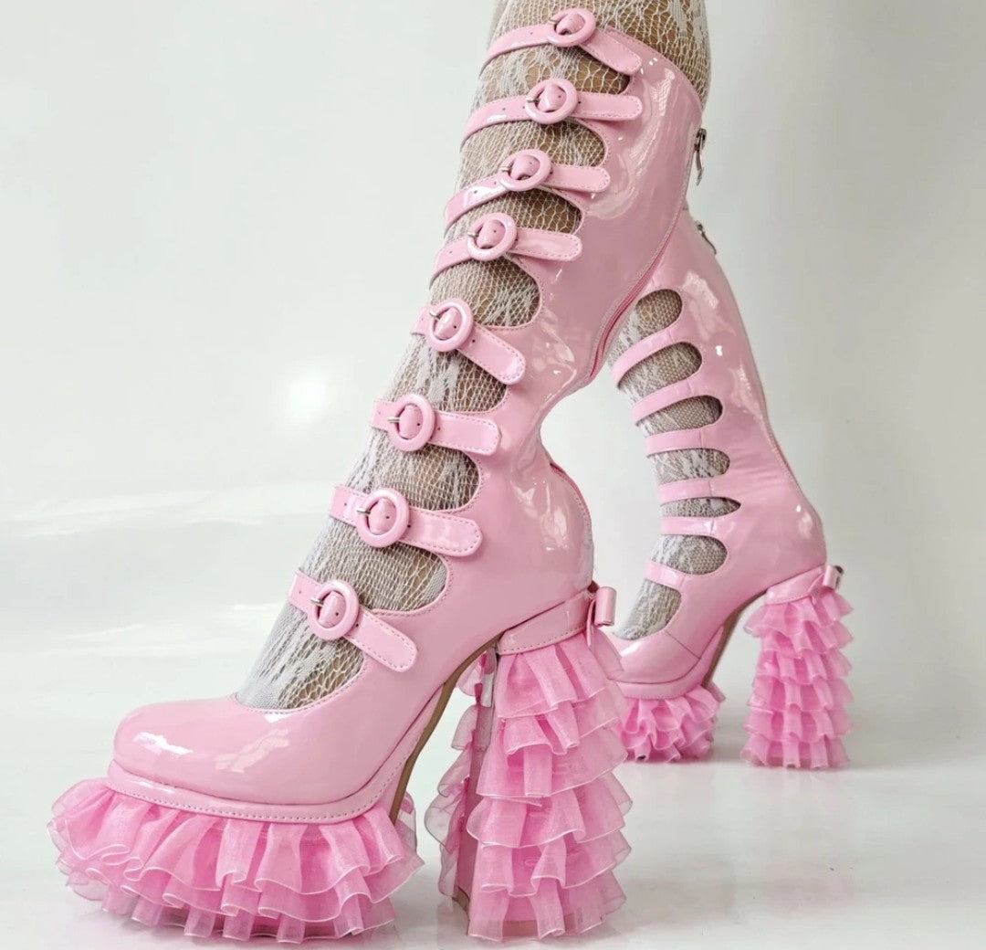 Cut Out Knee High Boots Women Buckle Thick Laced Platform Chunky Heels Back Zipper Long Patent Boots