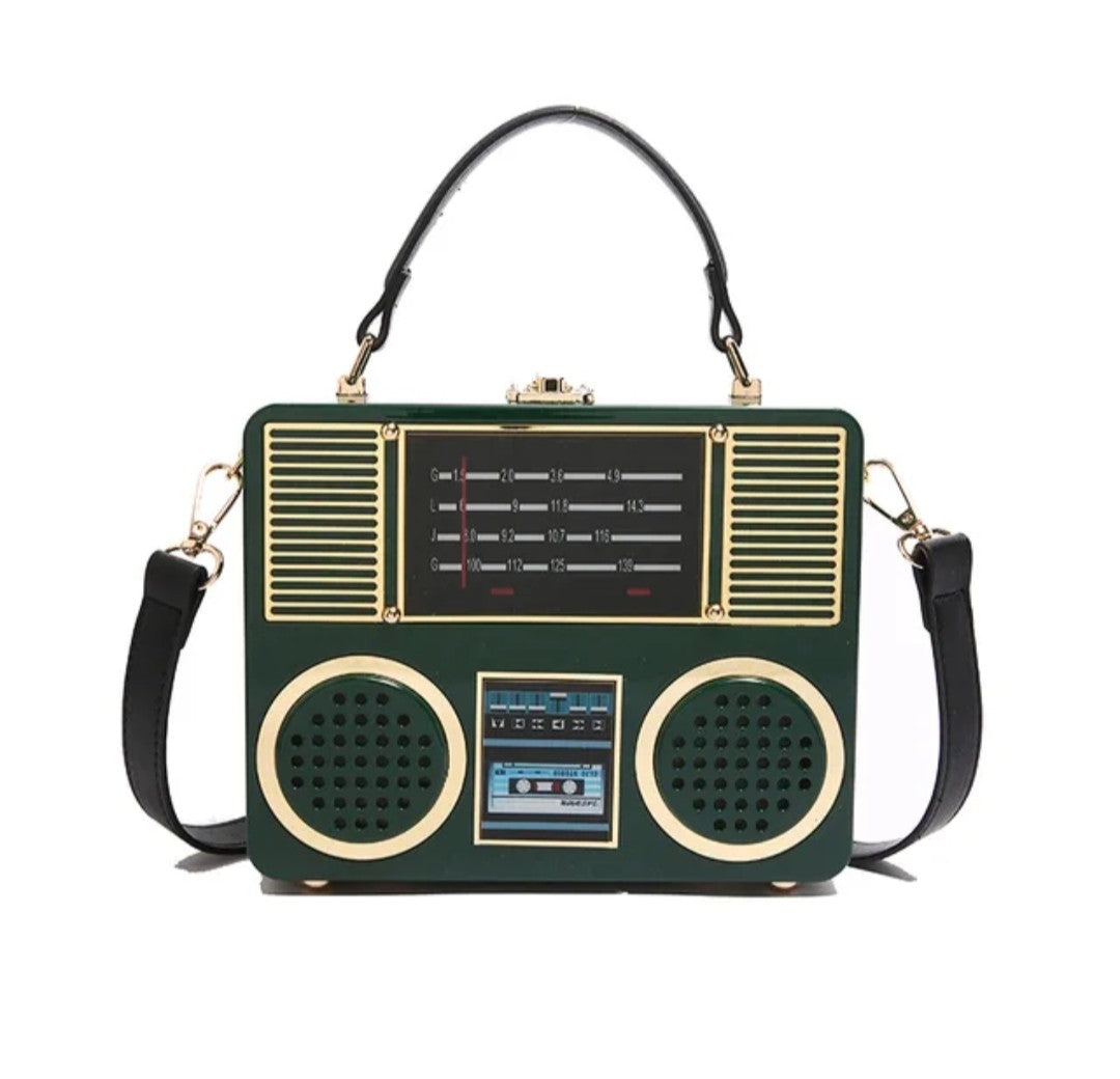 (Free Shipping)(Tariffs included in price) Acrylic Vintage Versatile Creative Radio Handbags Unisex Satchel Metal Punk Shoulder Bag Nostalgia Square Box Bag for women