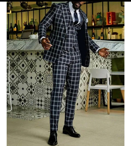 (Free Shipping)Men's 2 Piece Plaid Blazer Digital Print Suit Jacket with Zipper Fly Business Style